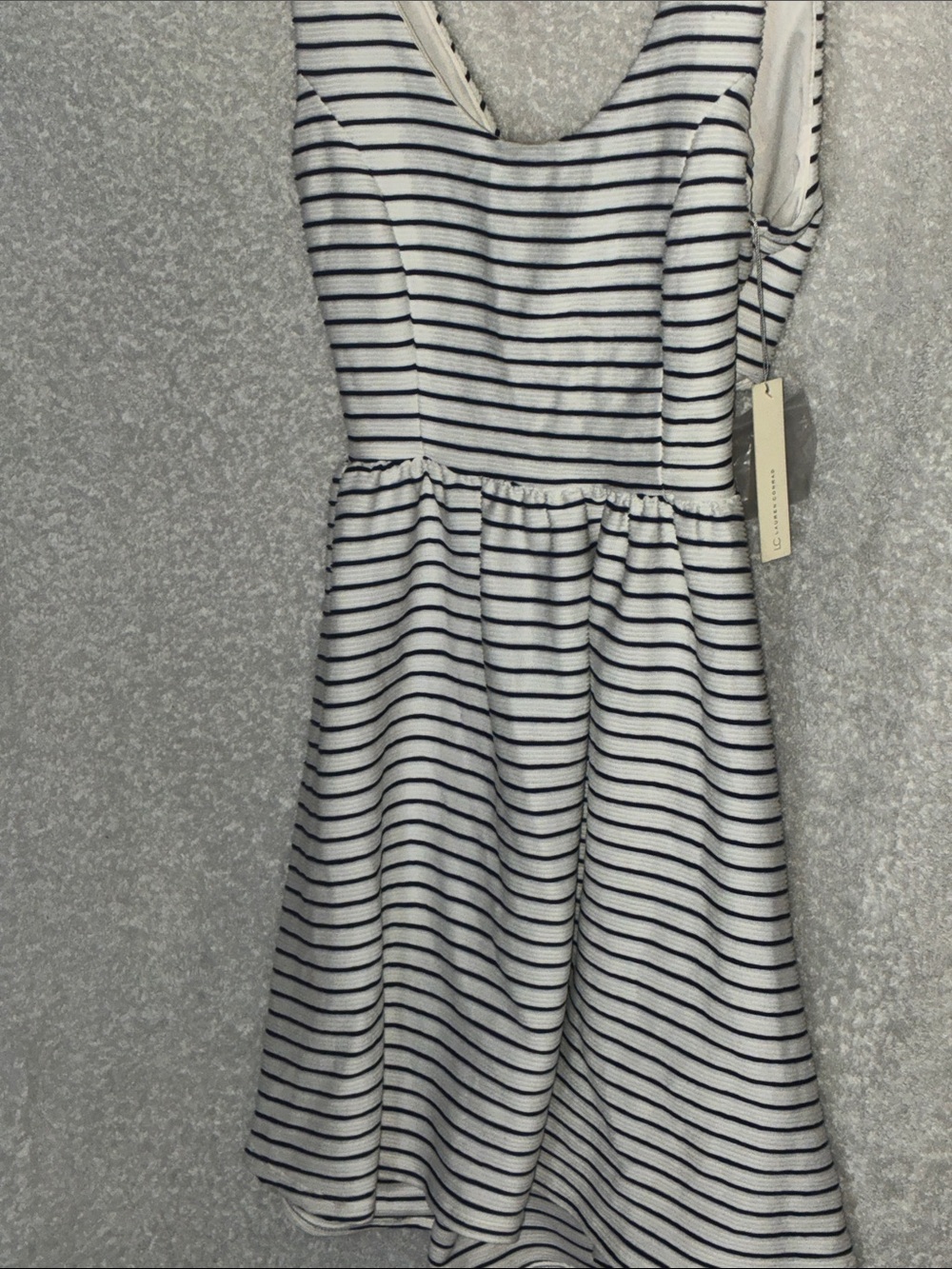 LC Lauren Conrad White and Navy Striped Backless Fit-and-Flare Dress